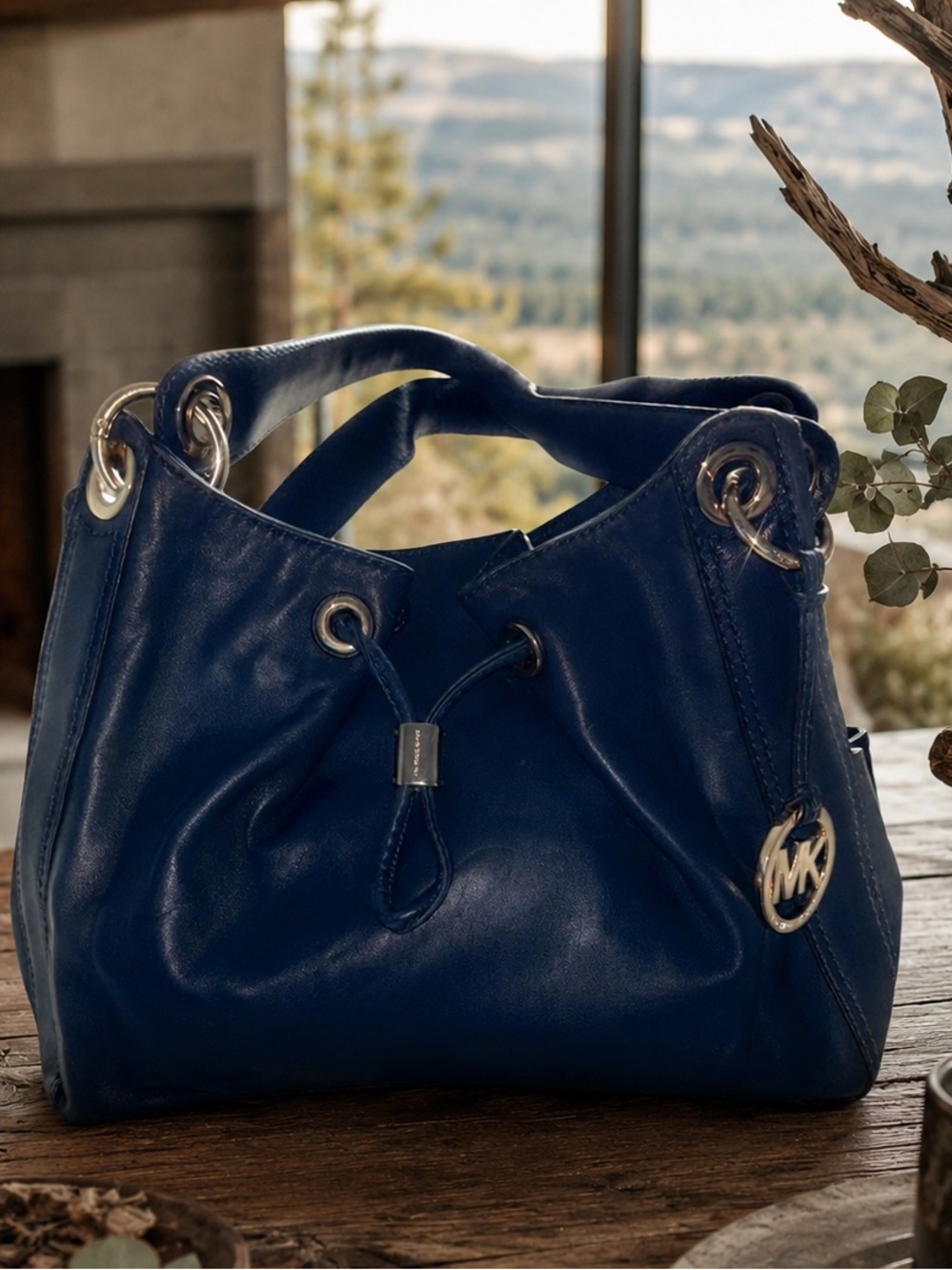 Michael Kors Navy Blue Leather Tote Bag